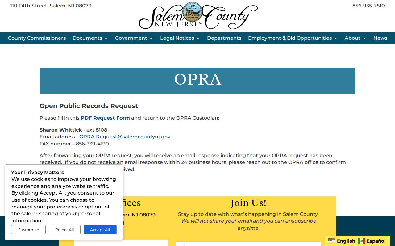 Salem County criminal records OPRA request instructions